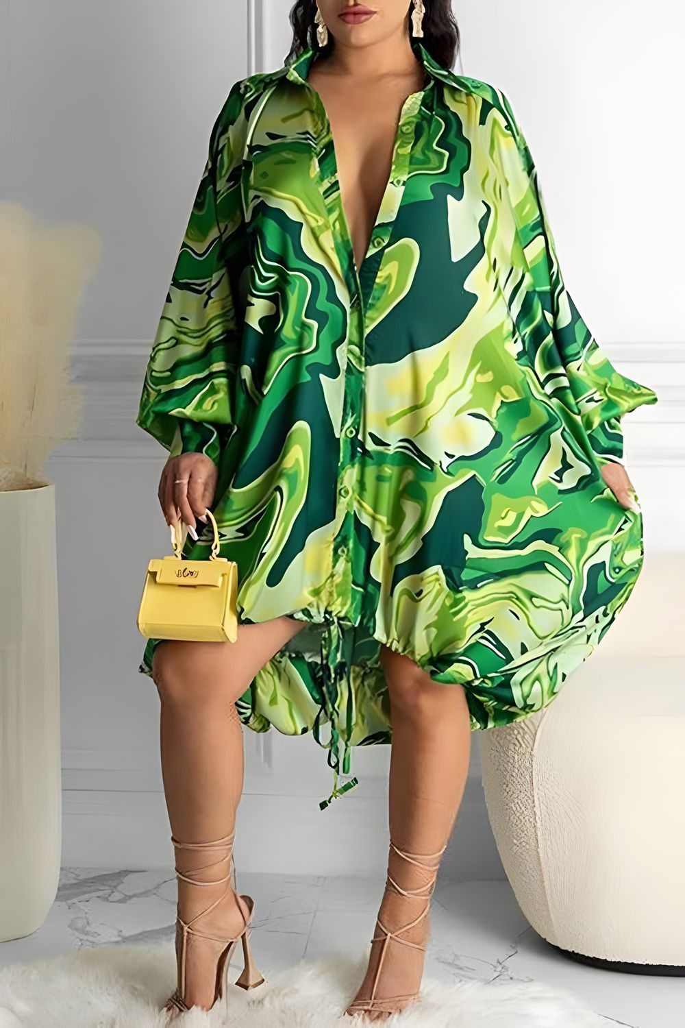 Dresses | Colorblock Lantern Sleeve Drawstring Dip Hem Dress - Unique and Versatile