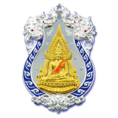 เหรียญหล่อฉลุ พระพุทธชินราช เนื้อเงินลงยาราชาวดี สีน้ำเงิน องค์พระชุบทอง รุ่นจอมราชันย์ ปี 55