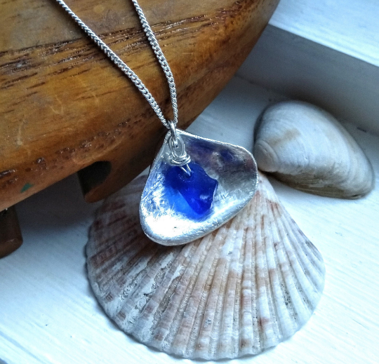 Pure fine silver shell necklace with Belizean sea glass