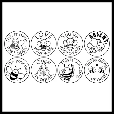 Bee Themed Wooden Stamp, 30mm x 30mm, 8-Piece Set