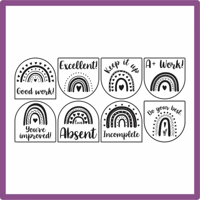 Boho Teacher Stamp Set – 8 Wooden Rubber Stamps (30mm)