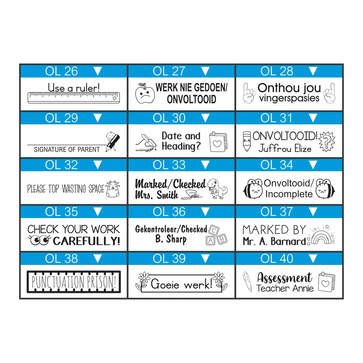 Large One-Liner Teacher Stamp – 45mm x 10mm Wooden Block with Pictures