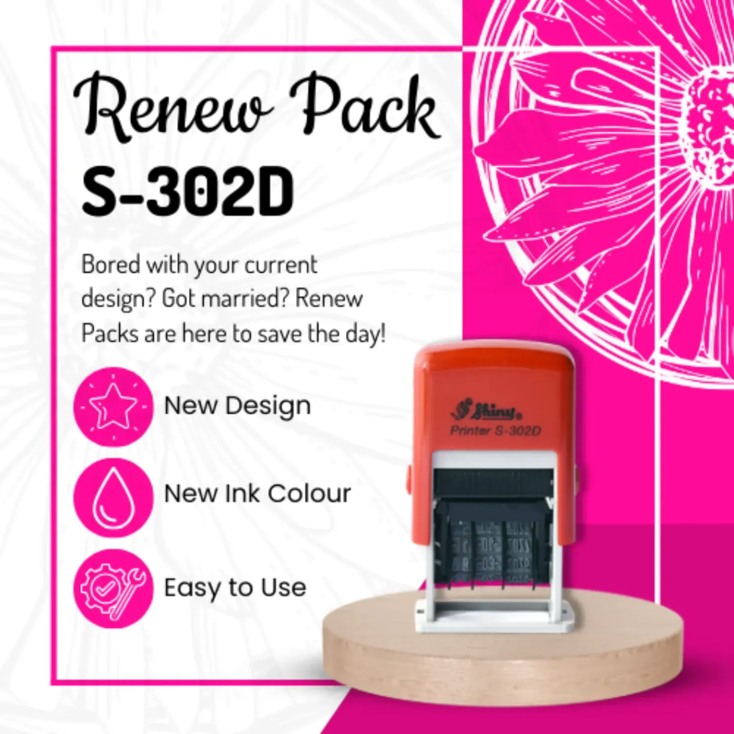 Renew Pack for Mini Teacher Date Stamp – Compact Two-Line – Shiny S-302D