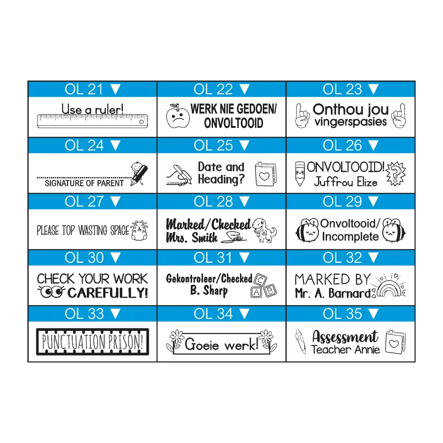 Large One-Liner Teacher Stamp – 45mm x 10mm Wooden Block with Pictures