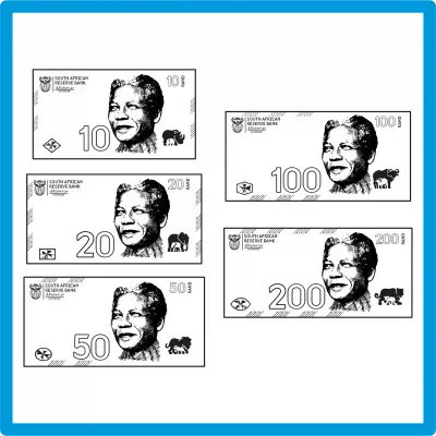 SA Rand Notes Stamp Set – 5 Wooden Rubber Stamps (60mm×30mm)