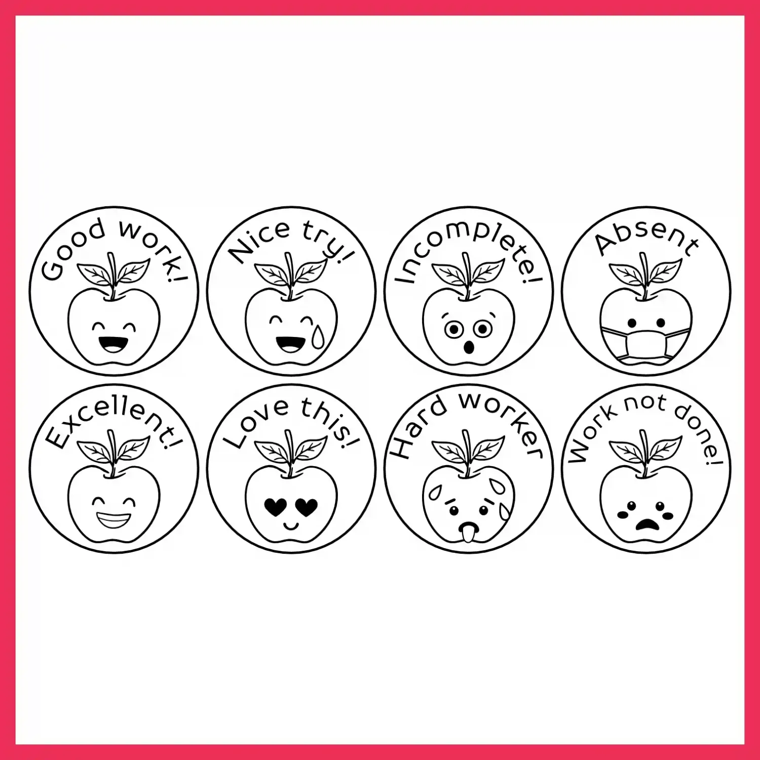 Apple Teacher Stamp Set – 8 Wooden Rubber Stamps (30mm)