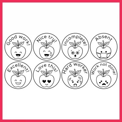 Apple Teacher Stamp Set – 8 Wooden Rubber Stamps (30mm)