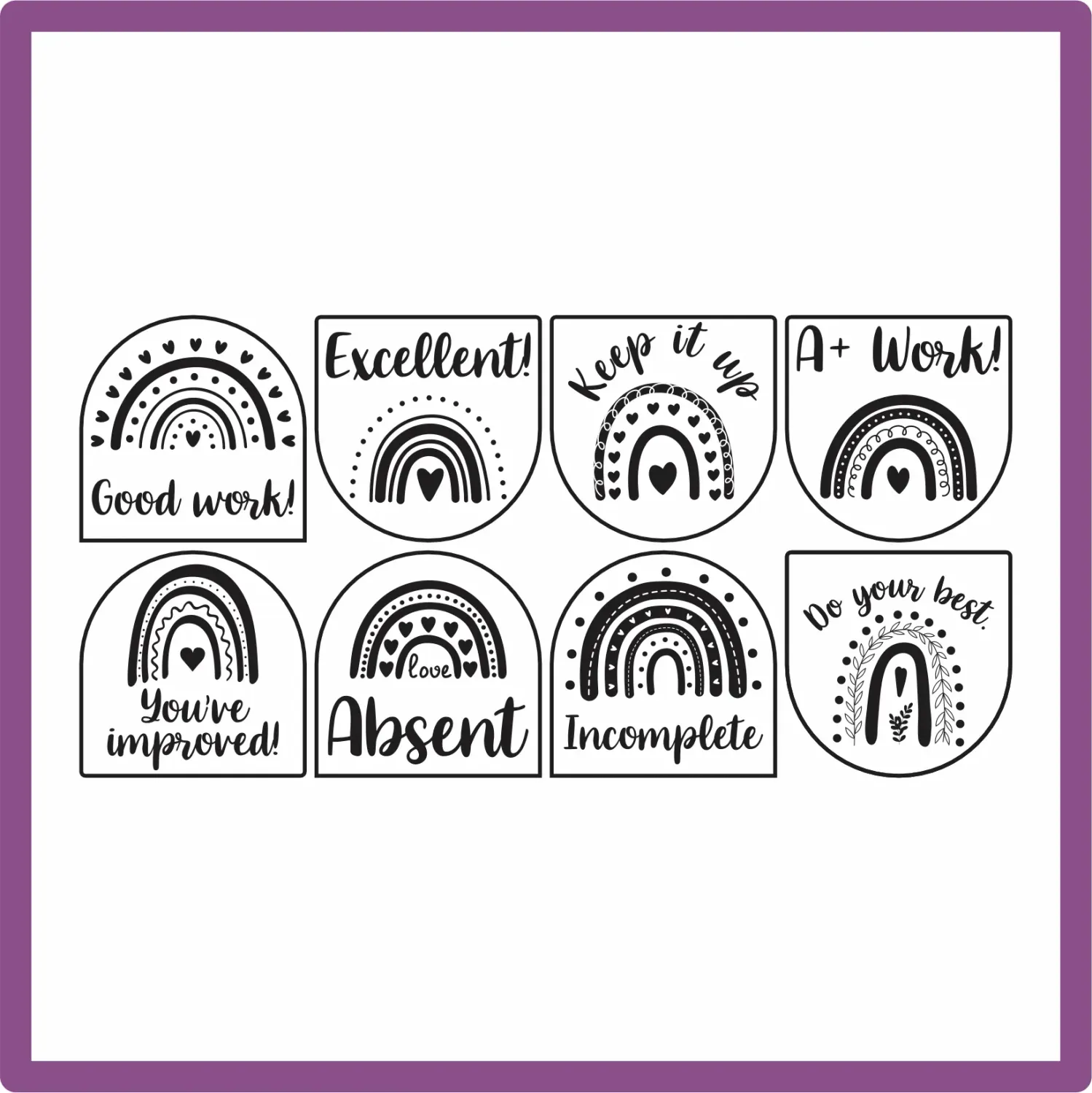 Boho Teacher Stamp Set – 8 Wooden Rubber Stamps (30mm)