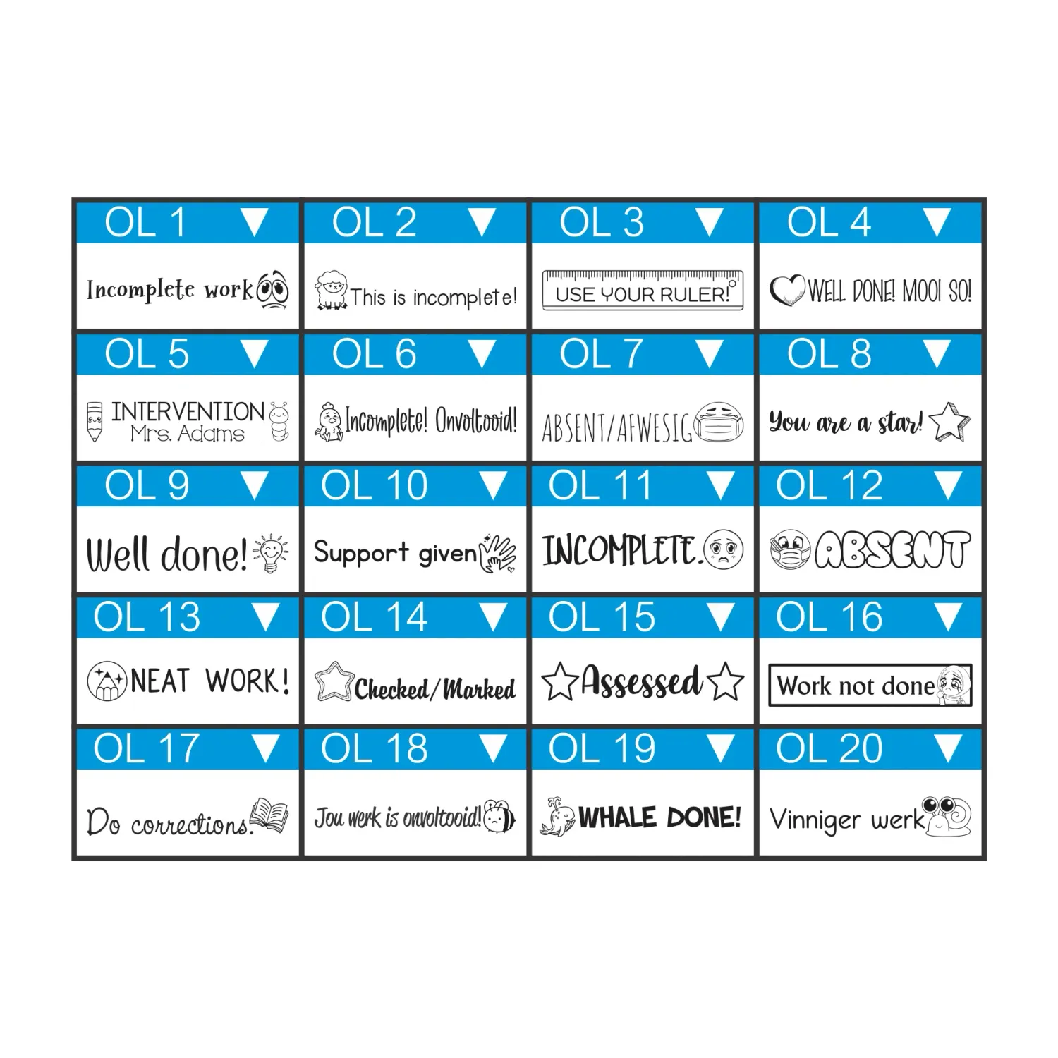 Small One-Liner Teacher Stamp – 30mm x 6mm Wooden Block with Pictures