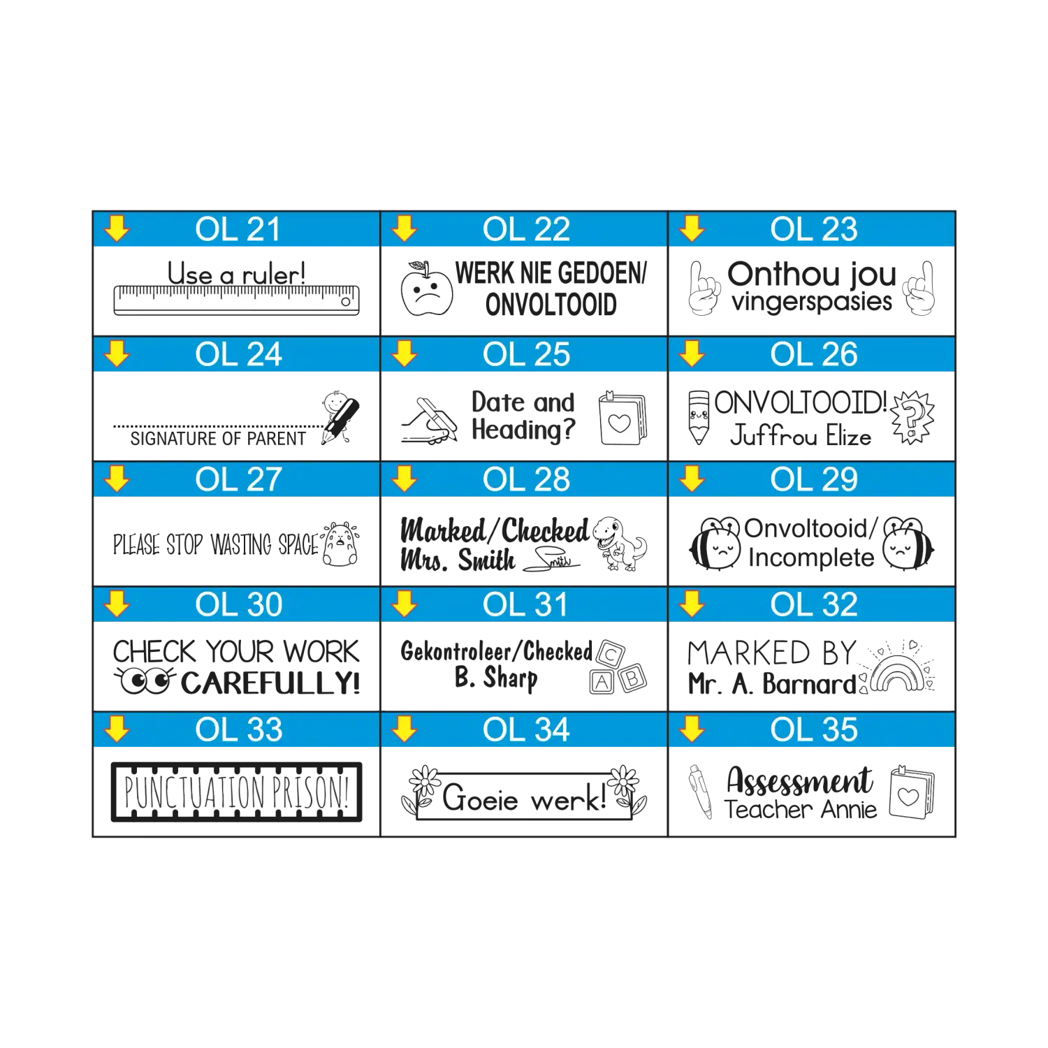 Large One-Liner Teacher Stamp – 45mm x 10mm Wooden Block with Pictures