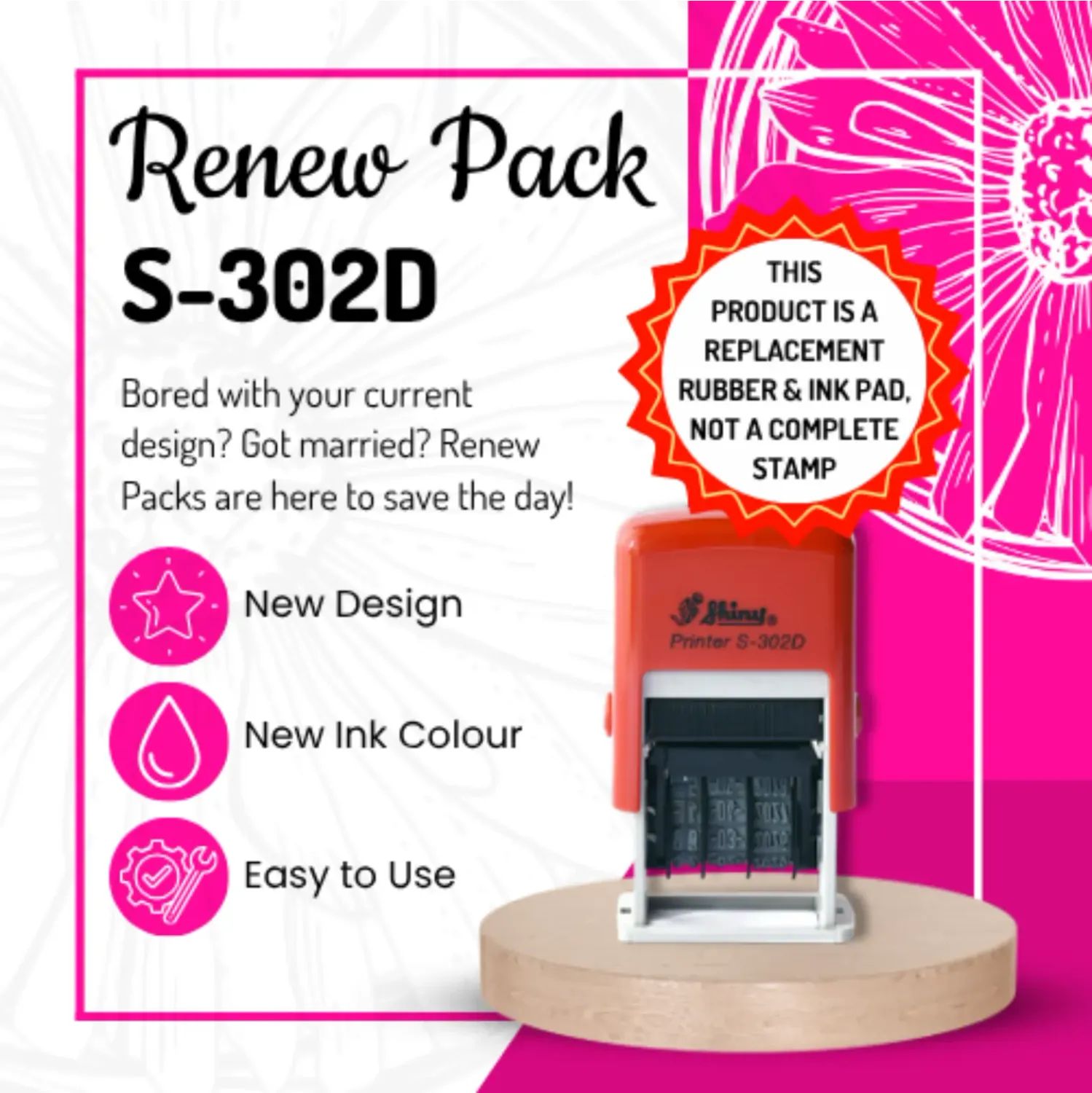 Renew Pack for Mini Teacher Date Stamp – Compact Two-Line – Shiny S-302D