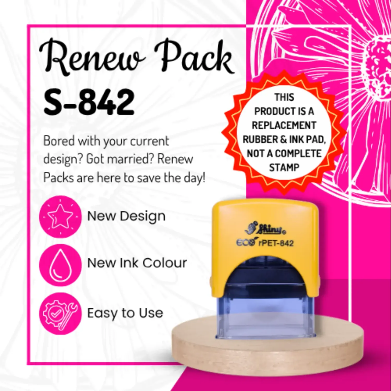 Renew Pack for Rectangular Text Stamp – Self-Inking – rPET S-842