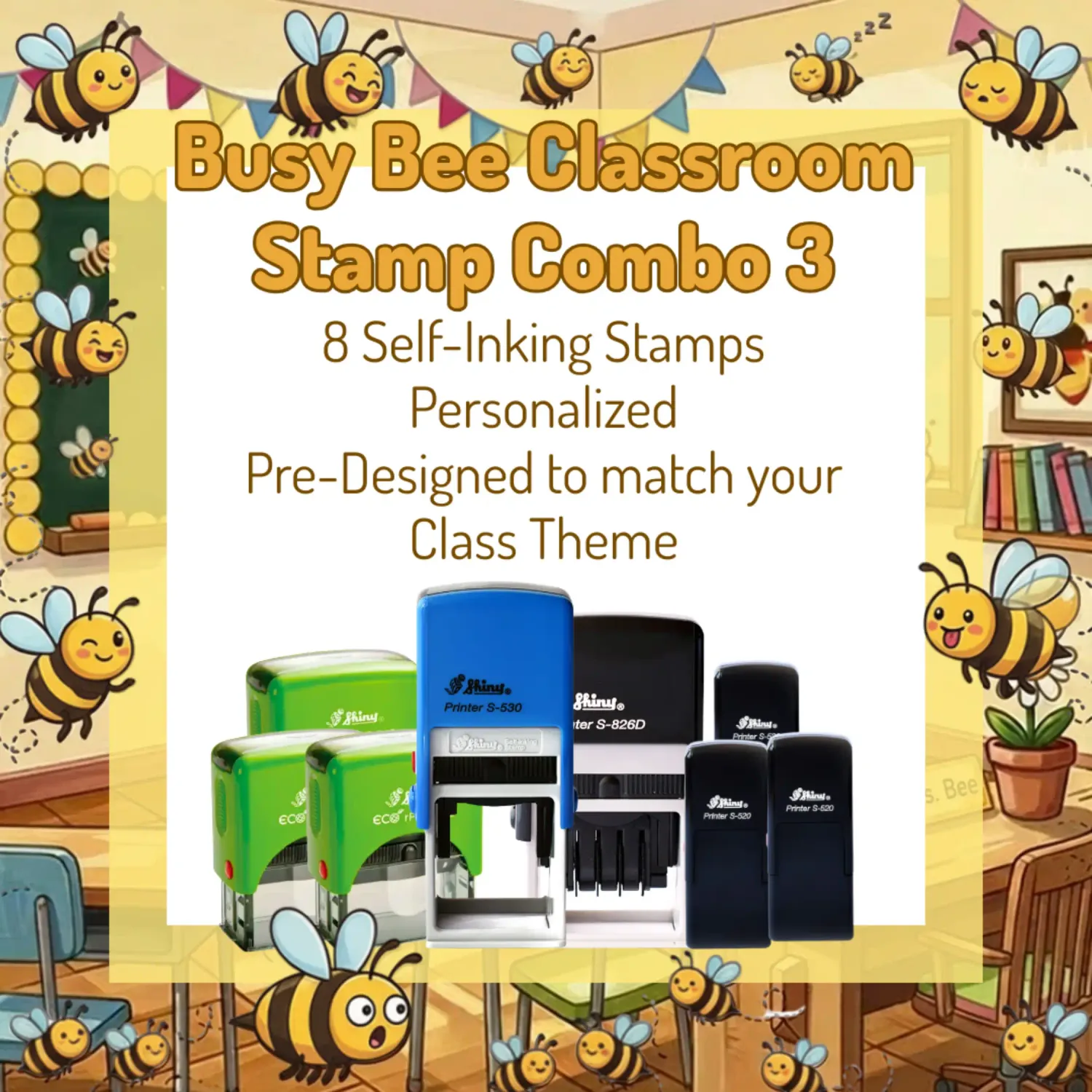 Busy Bee Classroom Stamp Combo 3 – 8 Self-Inking Teacher Stamps