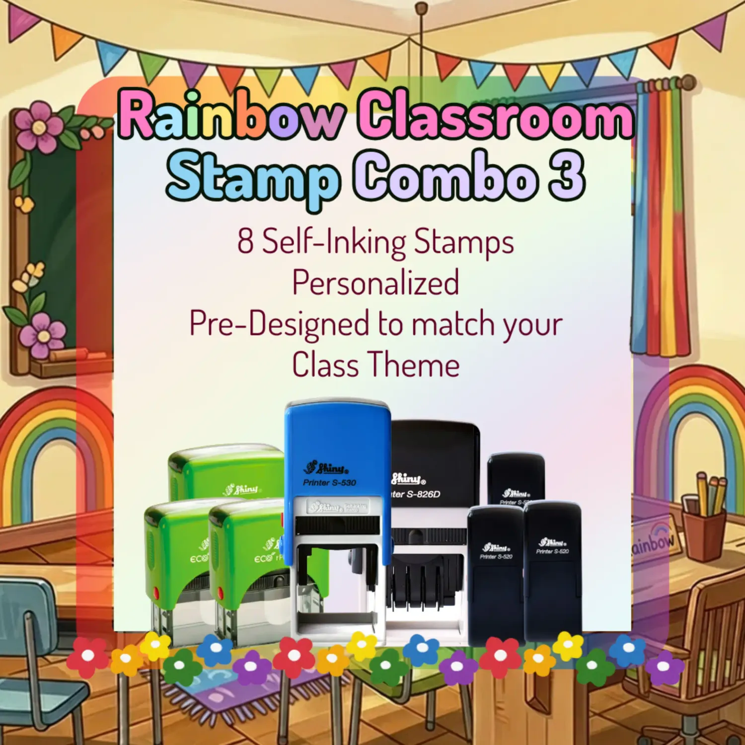 Rainbow Classroom Stamp Combo 3 – 8 Self-Inking Teacher Stamps