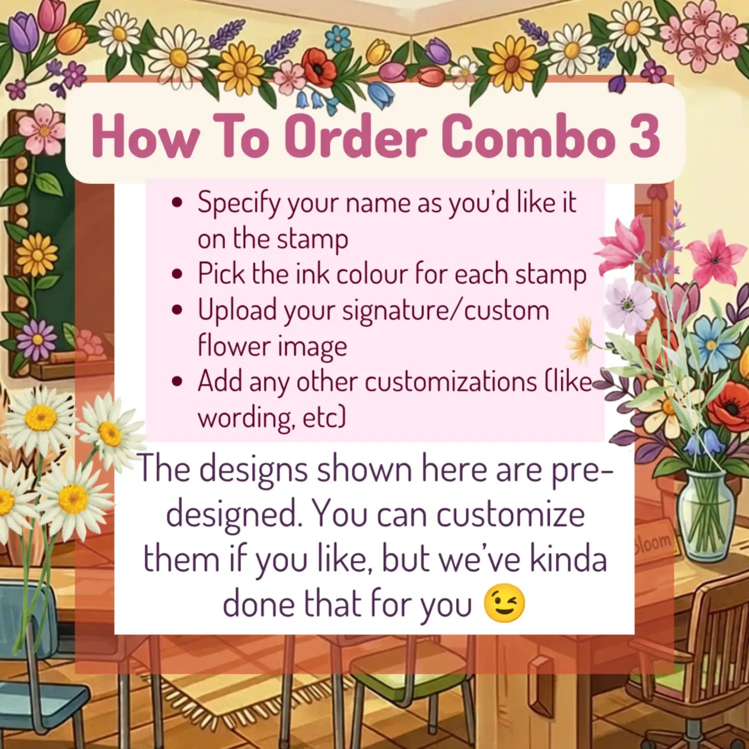 Spring Flowers Classroom Stamp Combo 3 – 8 Self-Inking Teacher Stamps