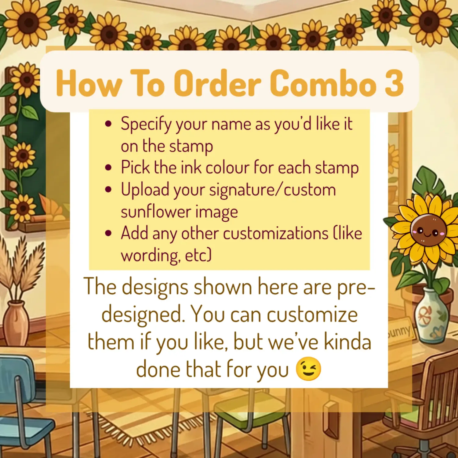Sunflower Classroom Stamp Combo 3 – 8 Self-Inking Teacher Stamps