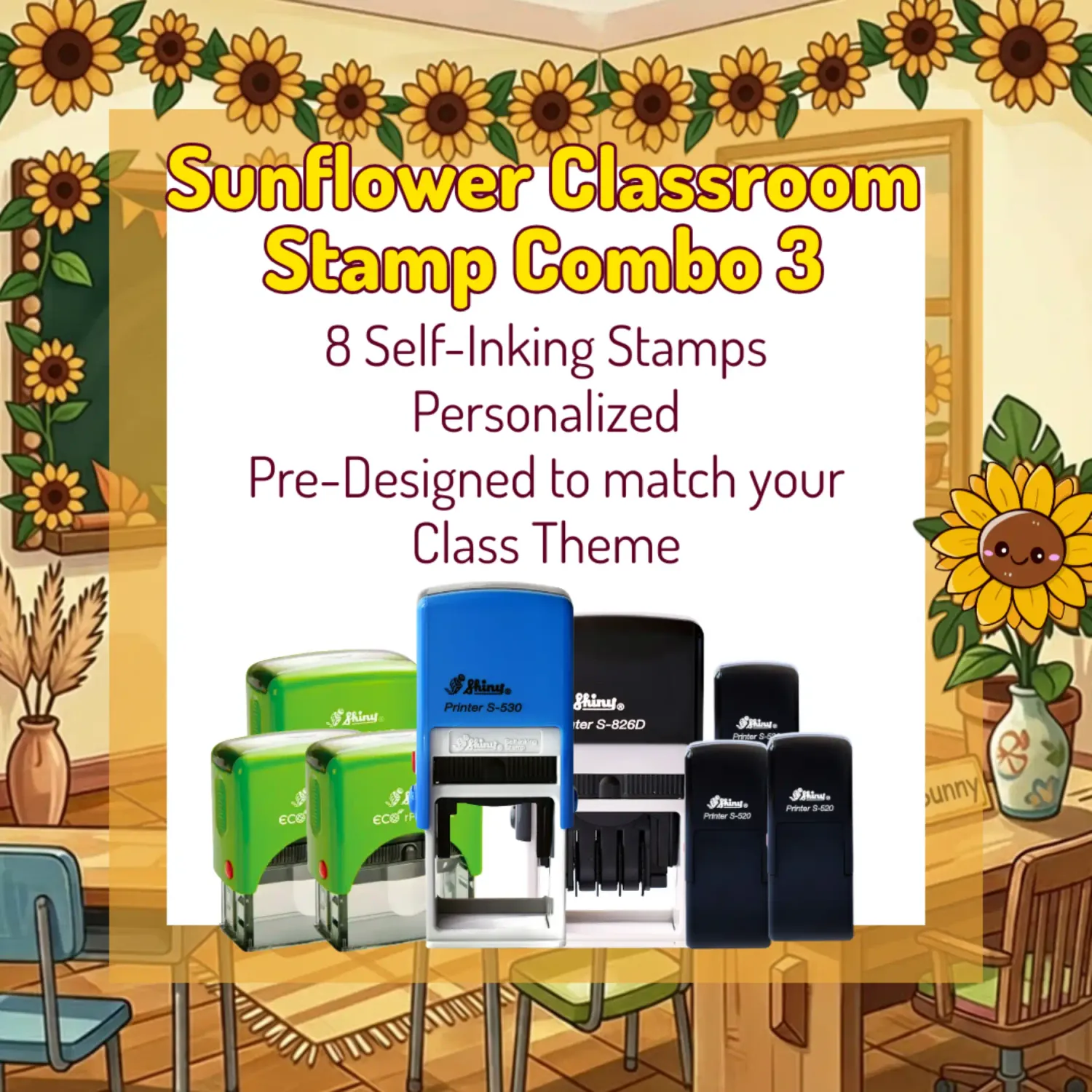 Sunflower Classroom Stamp Combo 3 – 8 Self-Inking Teacher Stamps