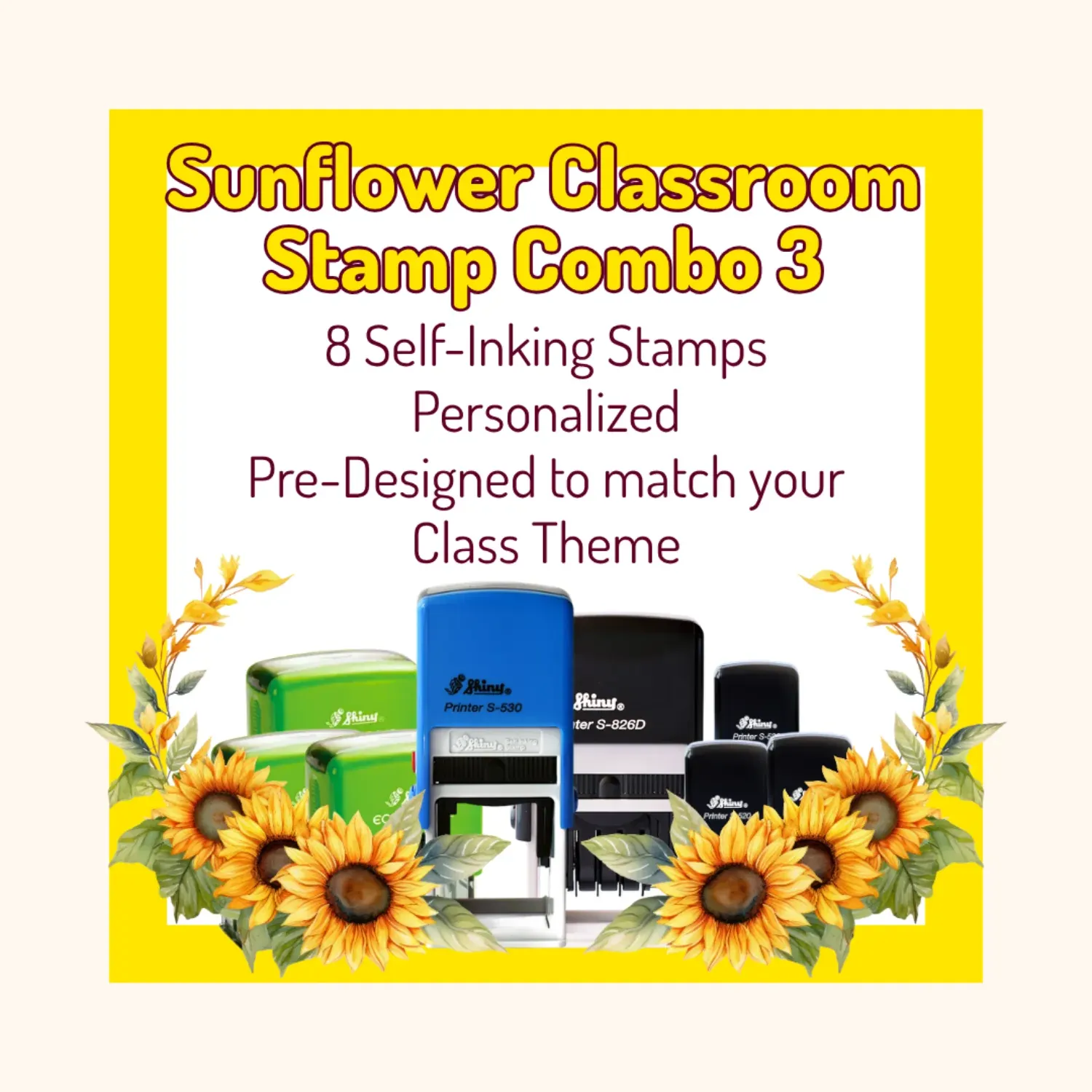 Sunflower Classroom Stamp Combo 3 – 8 Self-Inking Teacher Stamps