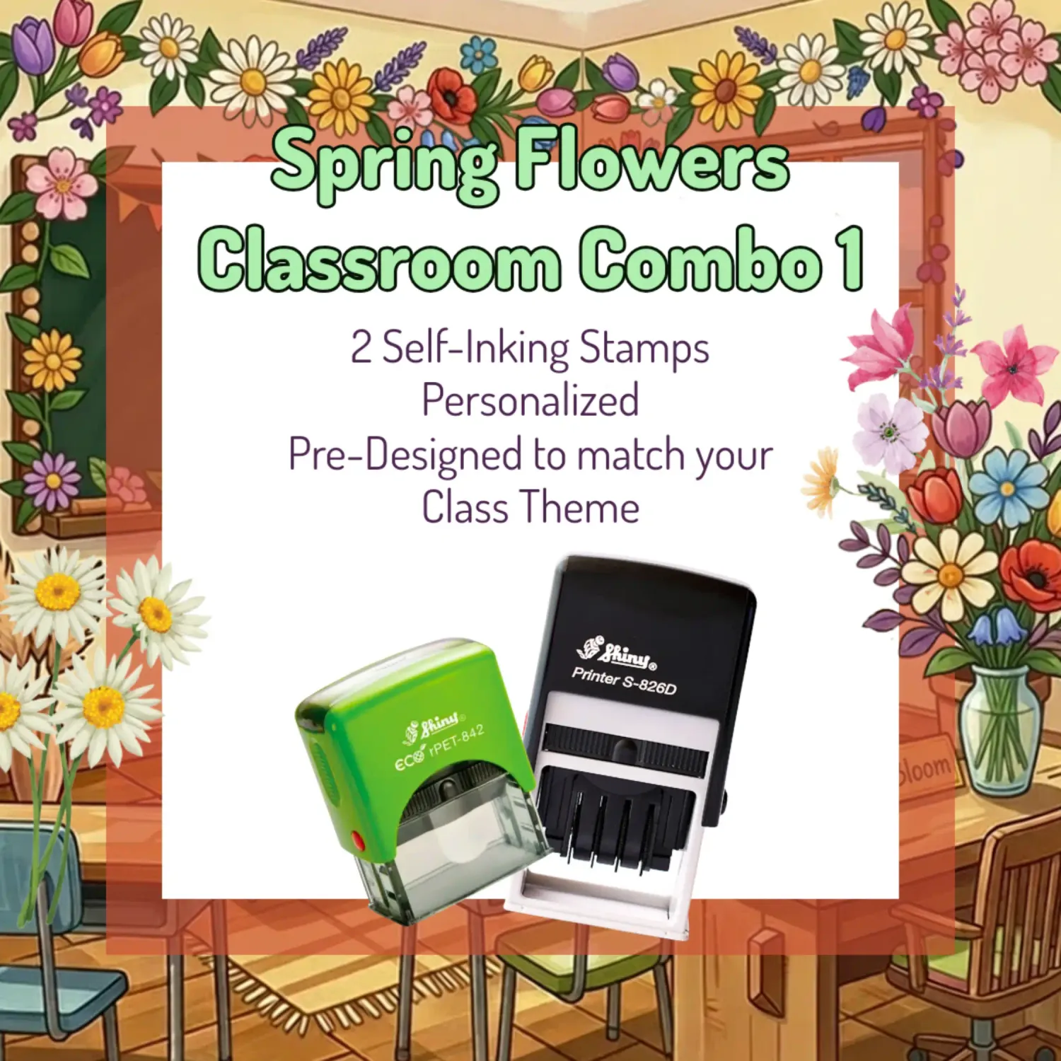 Spring Flowers Classroom Stamp Combo 1 – 2 Self-Inking Teacher Stamps