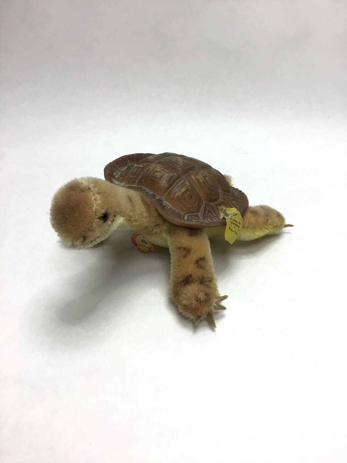Steiff Schildkröte Slo mit Schild Knopf und Fahne 2450/14 stehend 18cm Mega selten Vintage