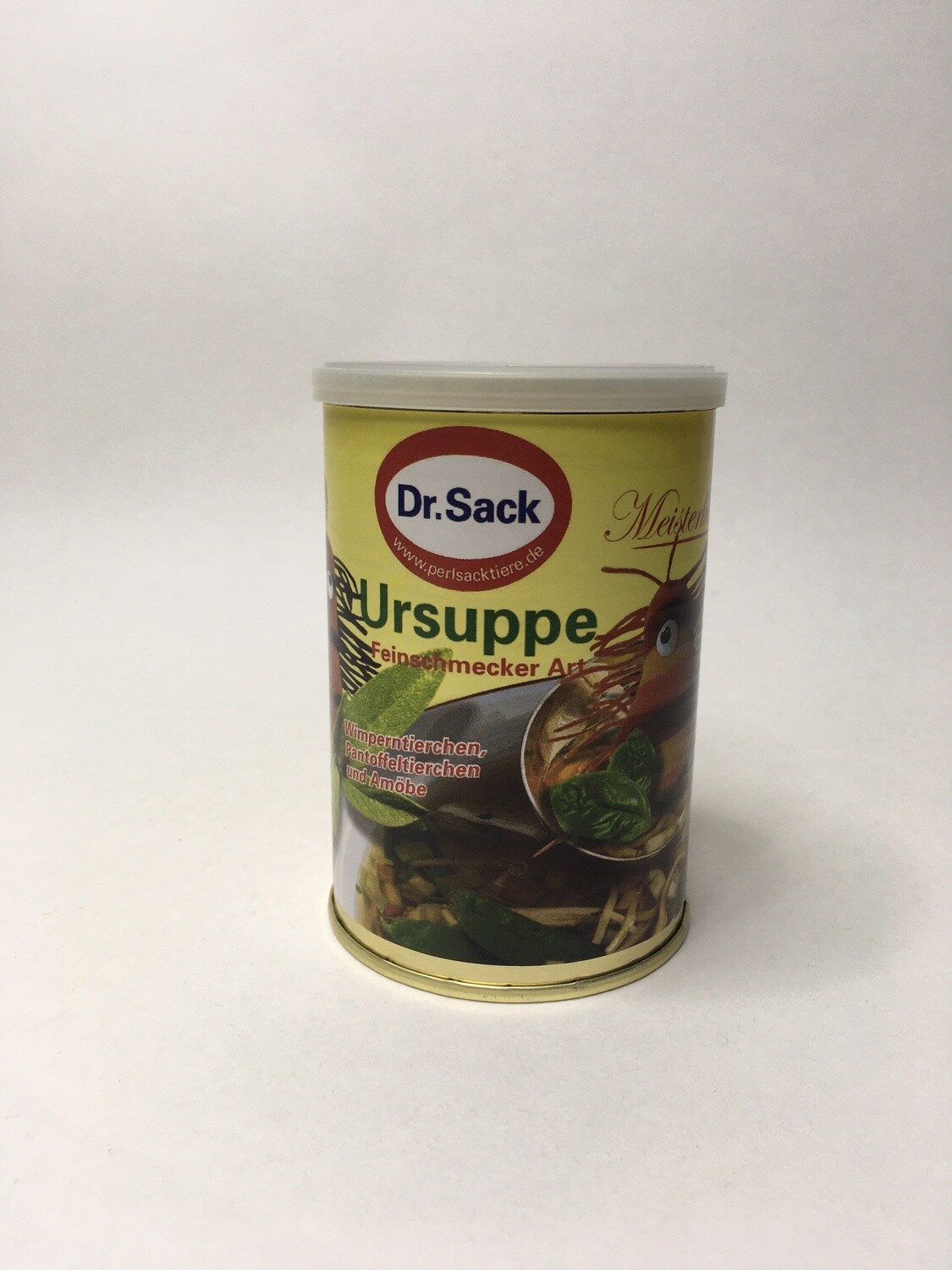 Perlsacktier Ursuppe Dose mit 3 Tieren liegend 13cm selten