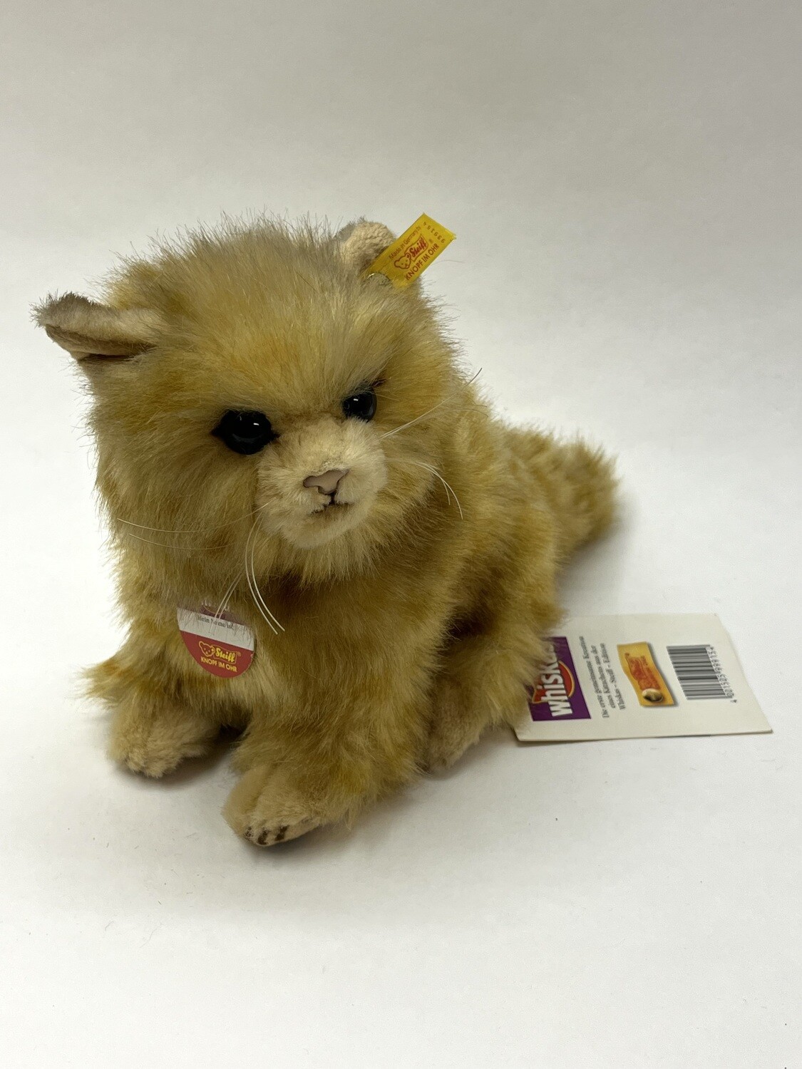 Steiff Whiskas Katze 999154 mit Knopf, Fahne und Brustschild sitzend 26cm Sammlerstück