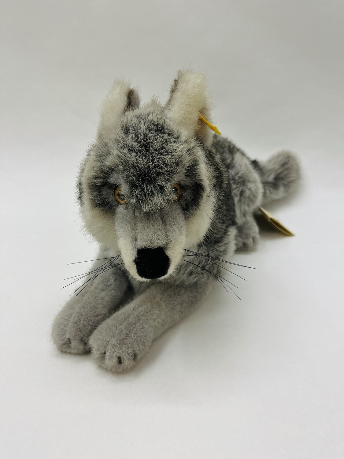 Steiff Wolf 069253 Jungwolf mit Knopf, Fahne und Brustschild liegend 45cm Mega Sammlerstück mit Etikett