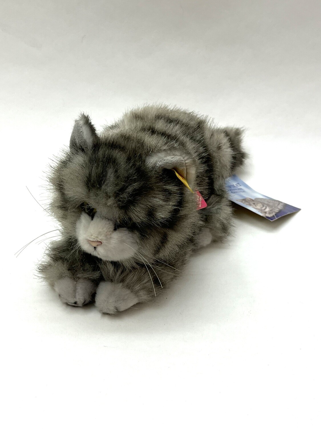 Steiff Katze Whiskas 075094 mit Knopf, Fahne und Brustschild liegend 28cm Sammlerstück mit Etikett