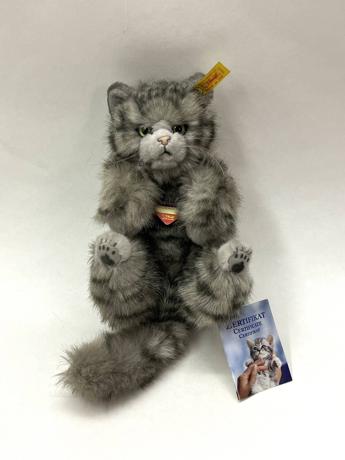 Steiff Katze Whiskas 996610 mit Knopf, Fahne und Brustschild liegend 35cm Mega Sammlerstück mit Etikett