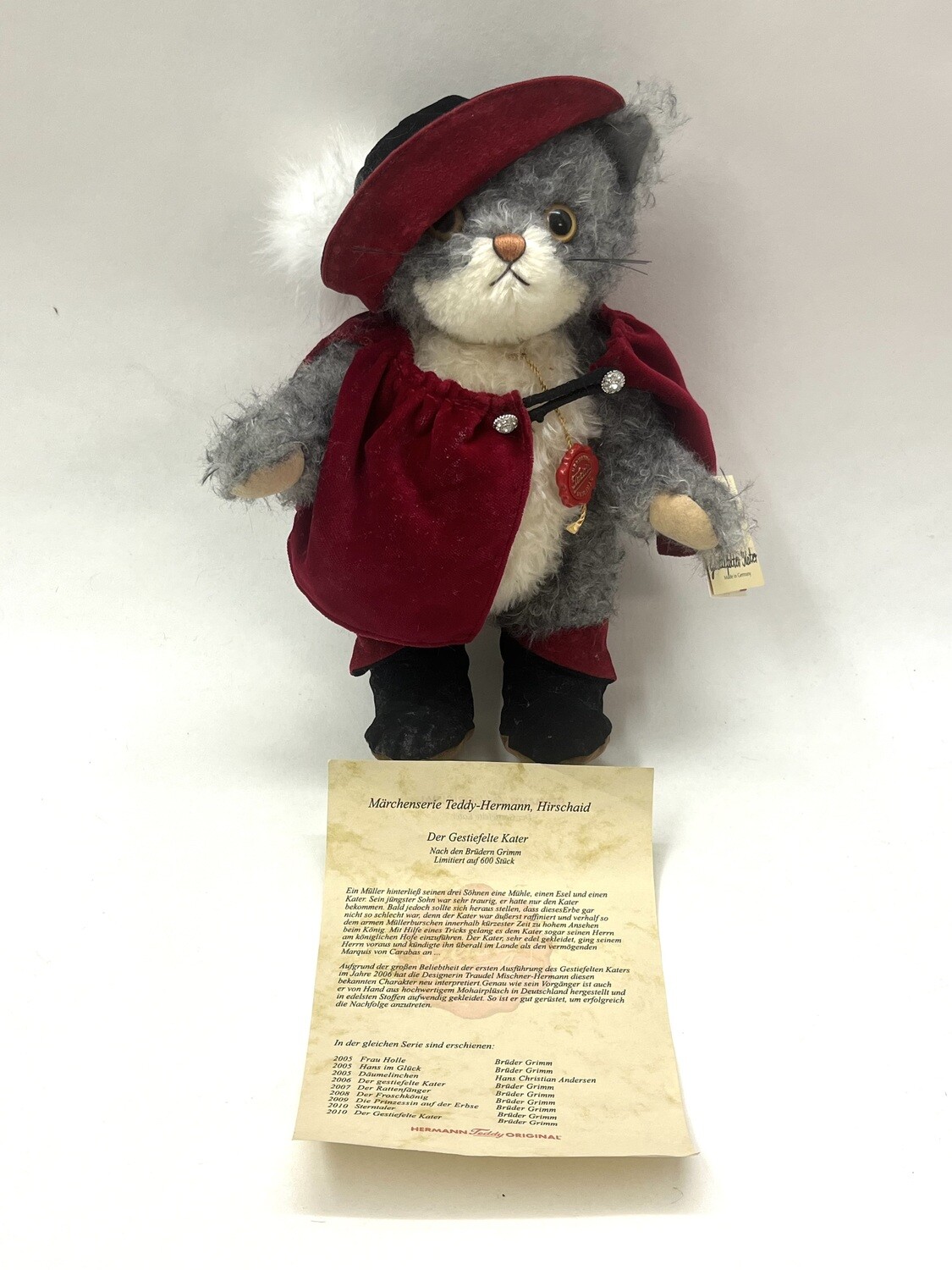 Katze Teddy Hermann Gestiefelter Kater Musketier Limited Edition 409/600 stehend 29cm Sammlerstück mit Etikett und Zertifikat