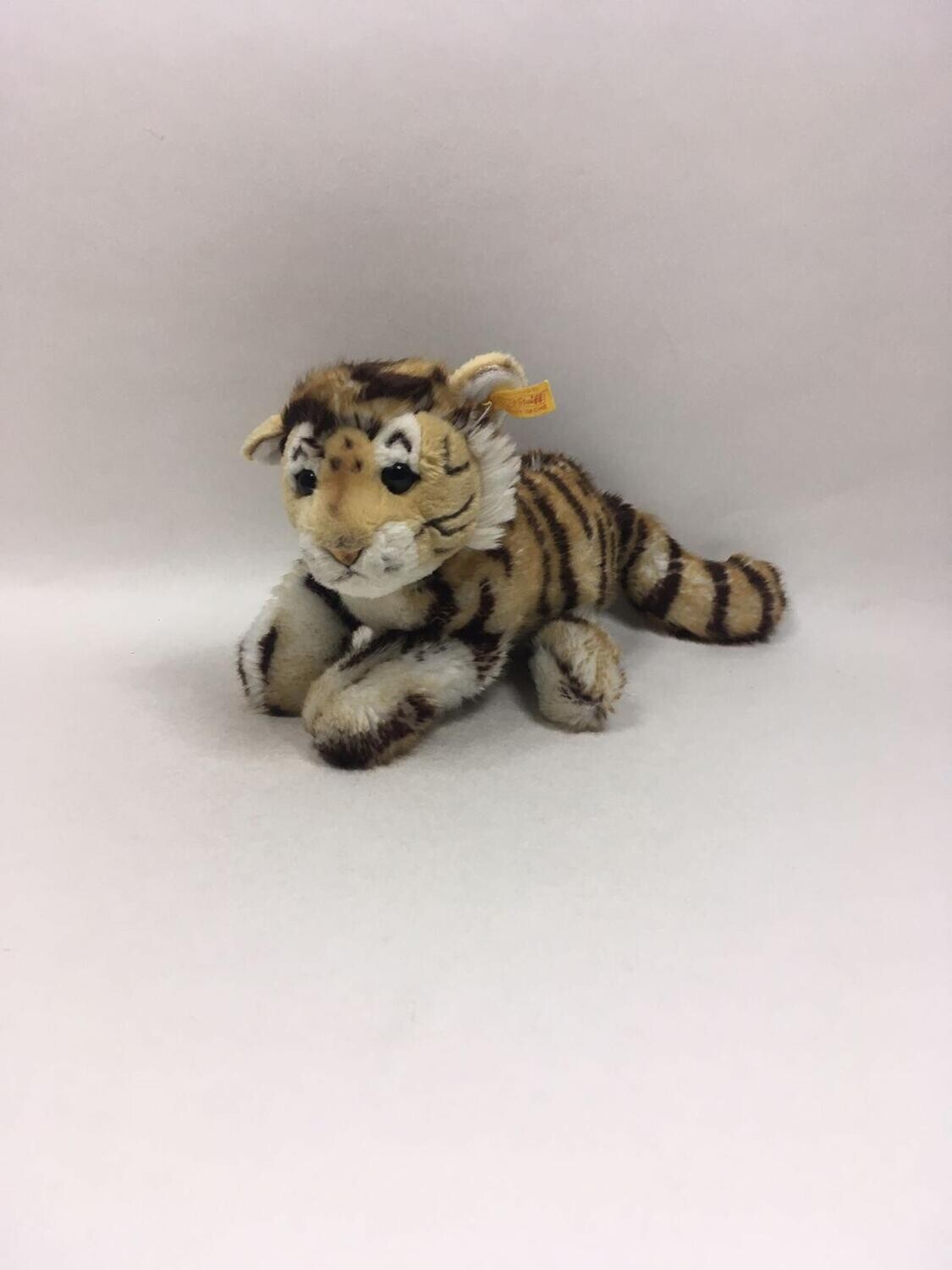 Steiff Tiger Baby mit Knopf und Fahne liegend 40cm Sammlerstück