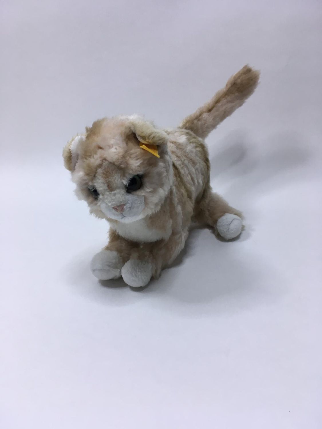 Steiff Katze mit Knopf und Fahne ( nicht lesbar ) stehend 38 cm Sammlerstück