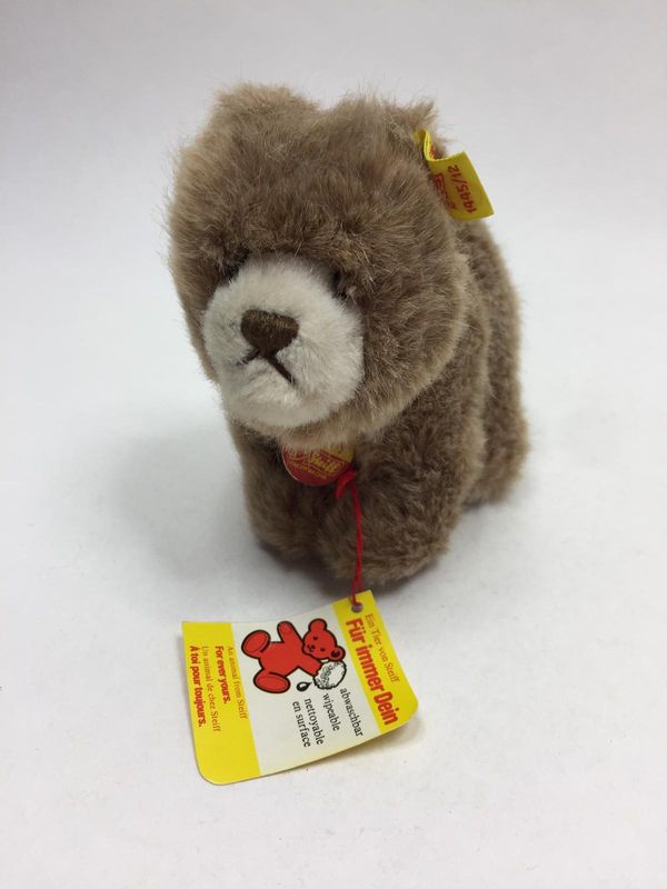 Steiff Teddy Browny 1445/12 mit Knopf, Fahne und Brustschild stehend 10 cm Sammlerstück mit Etikett