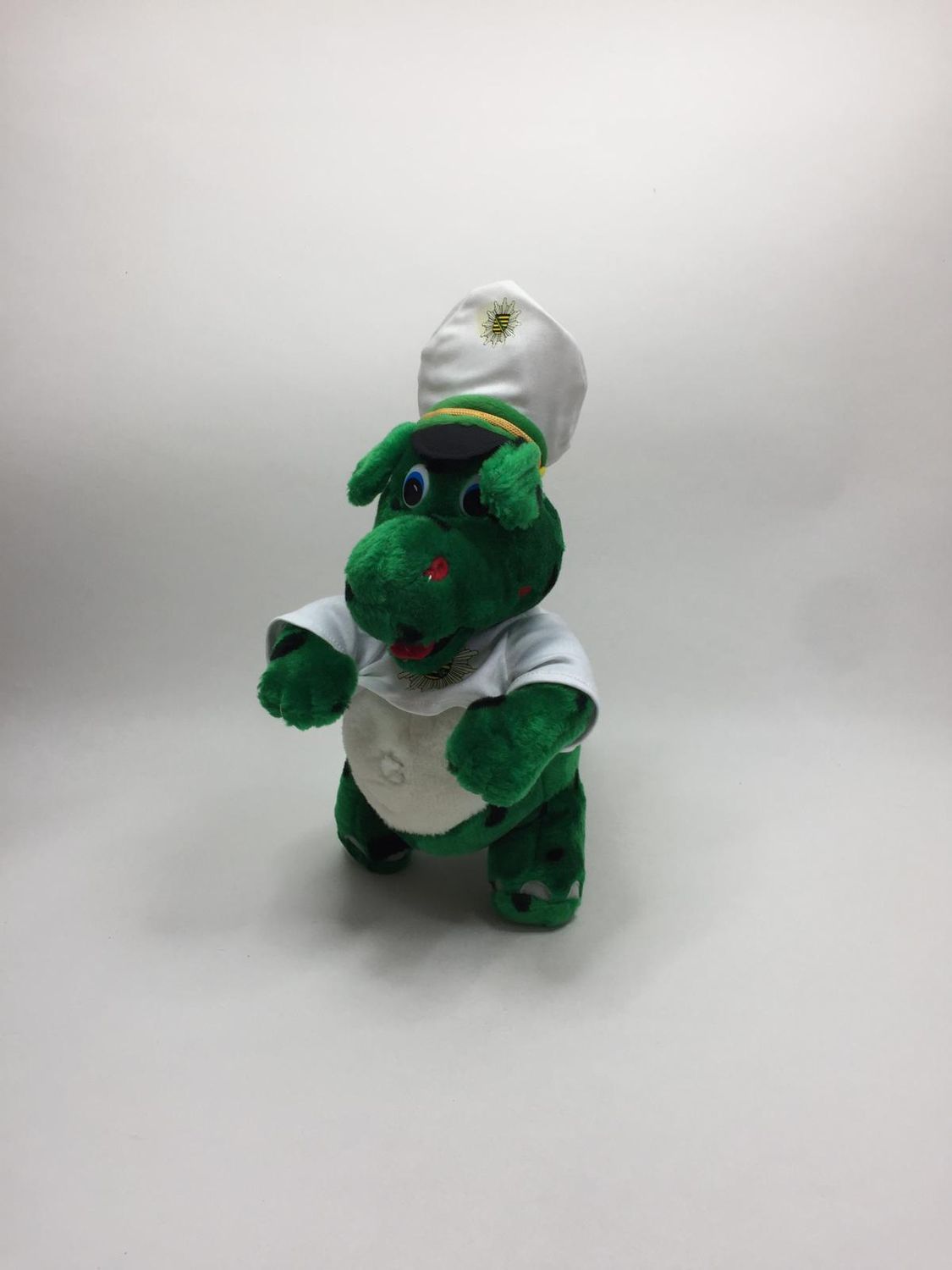 Dinosaurier Knuffel "Poldi" Polizeidinosaurier und Kinderpolizist der Polizei Sachsen stehend 40 cm Mega Sammlerstück