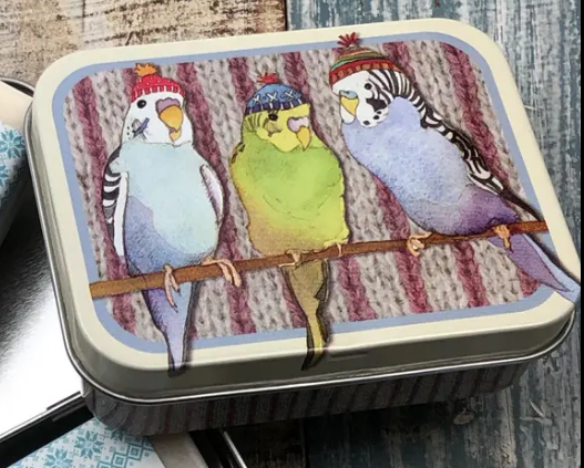 Budgies in Beanies Rectangular Tin - Hinged Lid Budgies in Beanies Rectangular Tin - Hinged Lid