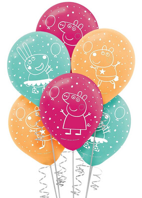 6ct, 12in, Peppa Pig Confetti Party Balloons 12in Latex Balloons WITH HELIUM