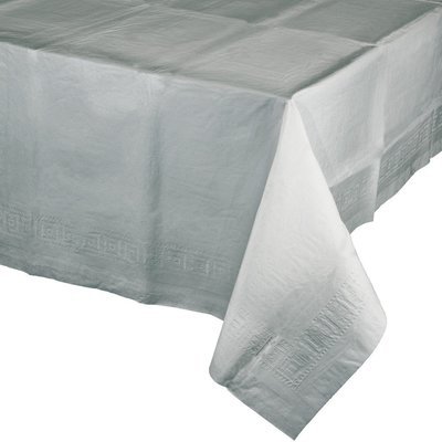 SHIMMERING SILVER SQUARE LINED PLASTIC TABLE COVER