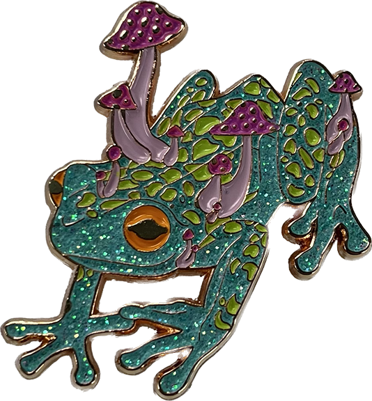 Blue frog mushroom pin