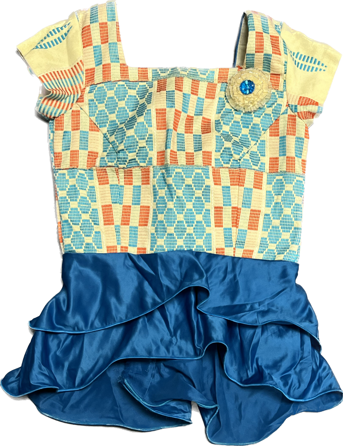 HANDMADE BLUE RUFFLED SATIN ACCENT TOP WITH FLOWER ACCENT