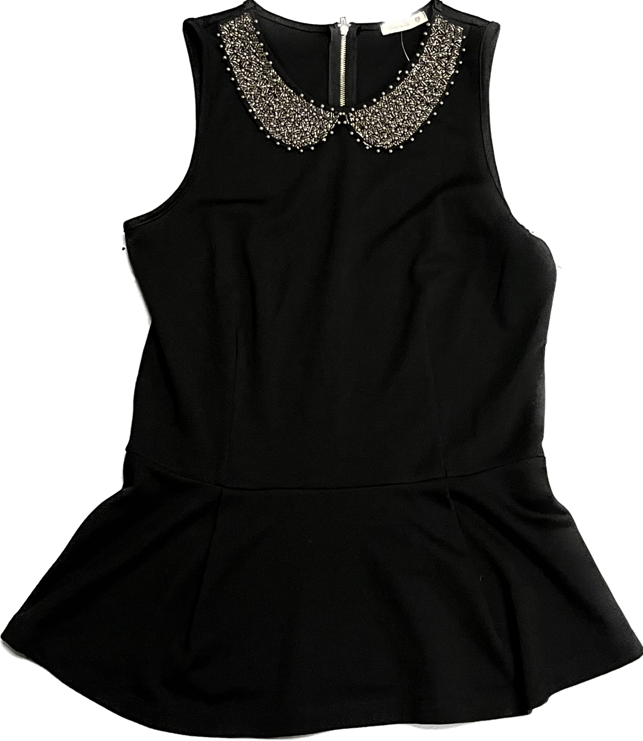SOPRANO NORDSTROM RACK BEADED COLLAR SLEEVELESS BLACK PEPLUM TOP