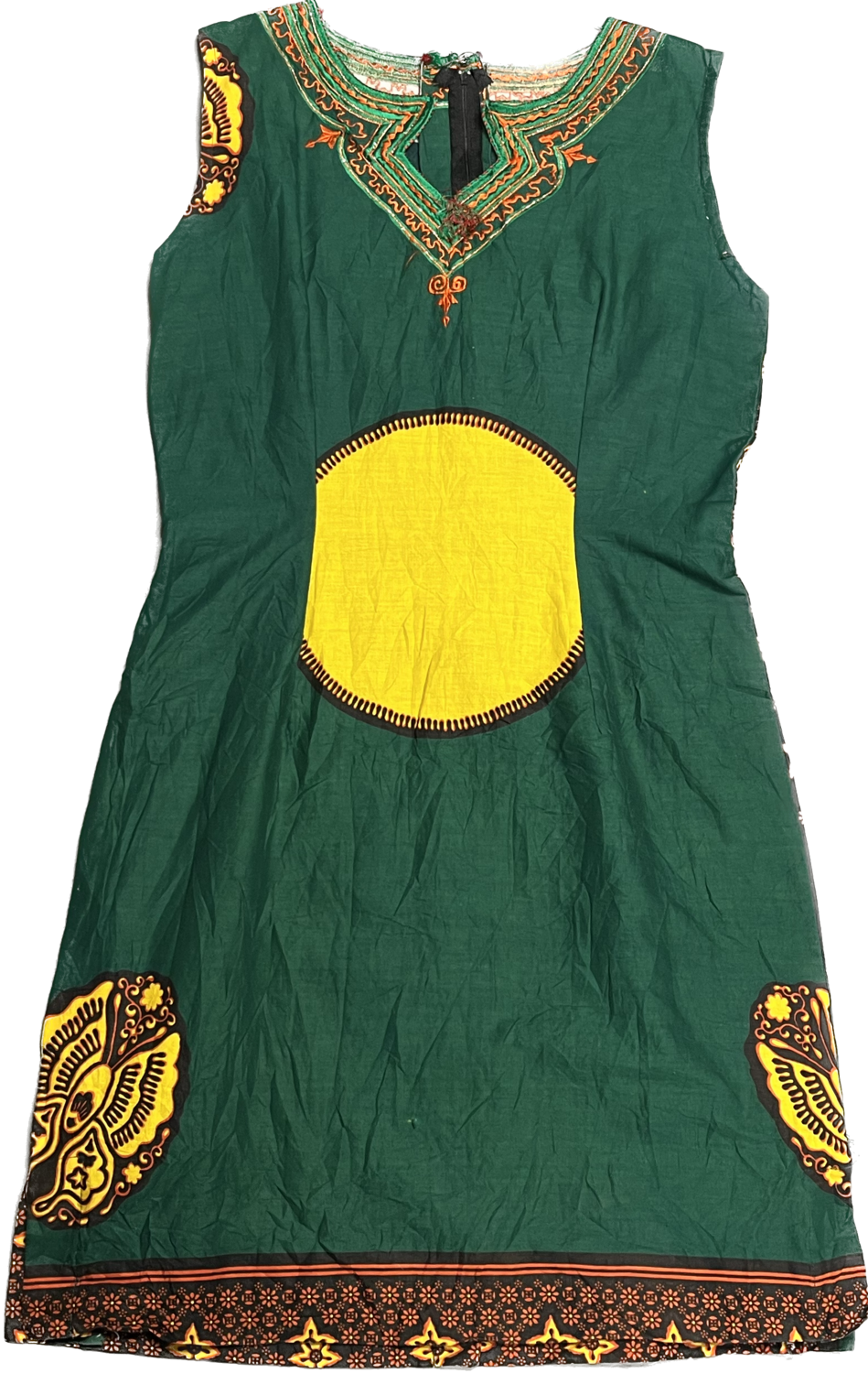 HANDMADE GREEN AND YELLOW SLEEVELESS DRESS WITH EMBROIDERY ACCENTS