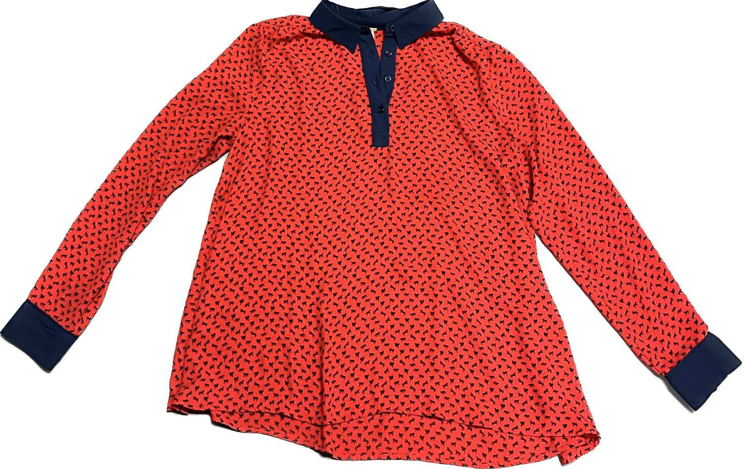 FREE PEOPLE RED AND NAVY LONG SLEEVE HORSE PRINT BLOUSE