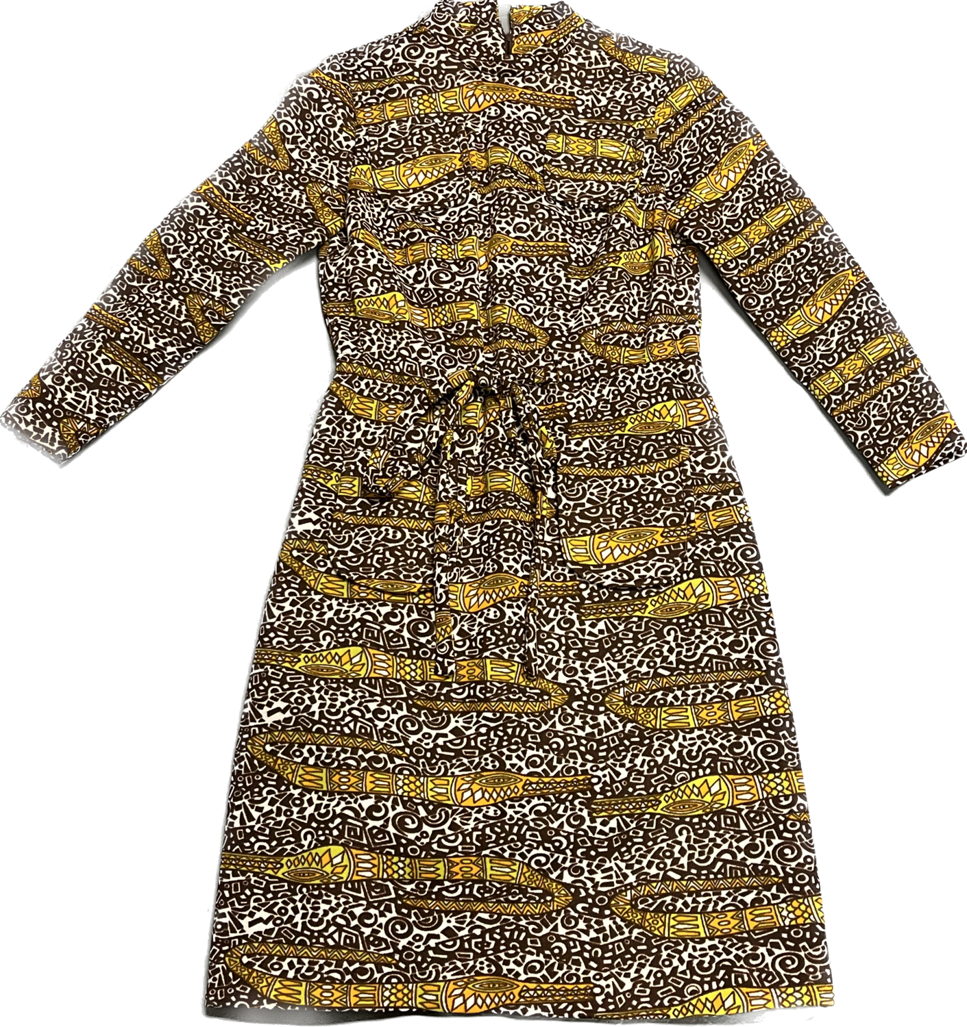 1960S BROWN MOD DRESS WITH TRIBAL PATTERN AND WAIST TIE
