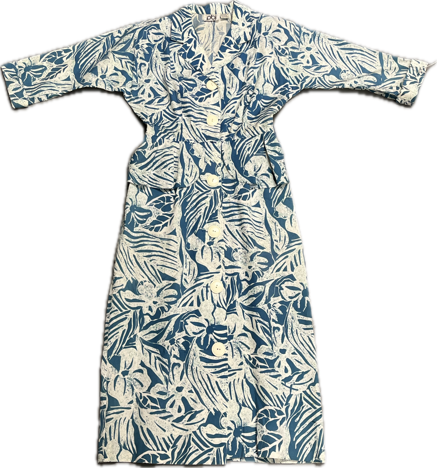 PBJ BLUE AND WHITE HIBISCUS PRINT BUTTON DOWN PEPLUM DRESS