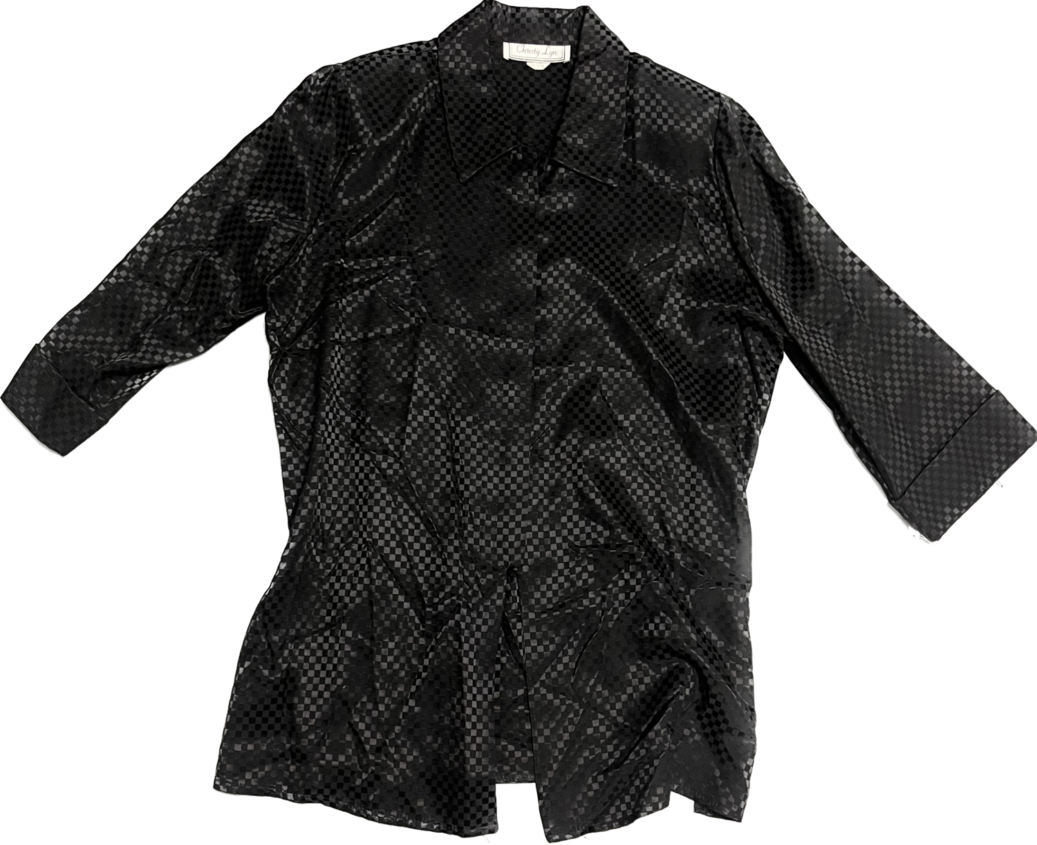 CHRISTY LYN SHINY BLACK CHECKERED 3/4 SLEEVE BUTTON DOWN TOP