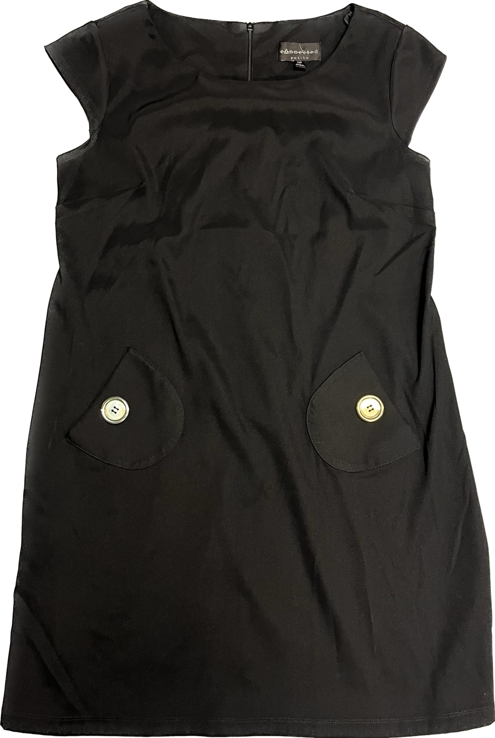 CONNECTED PETITE BLACK DRESS WITH POCKETS AND BUTTON ACCENTS