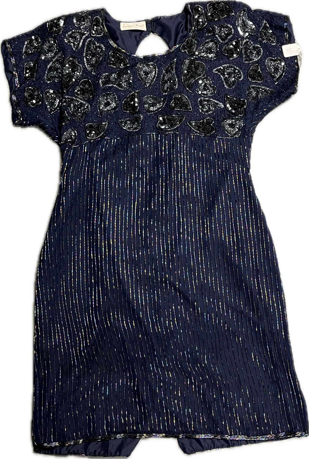 LAWRENCE KAZAR NAVY BLUE IRIDECENT BEADED FORMAL DRESS