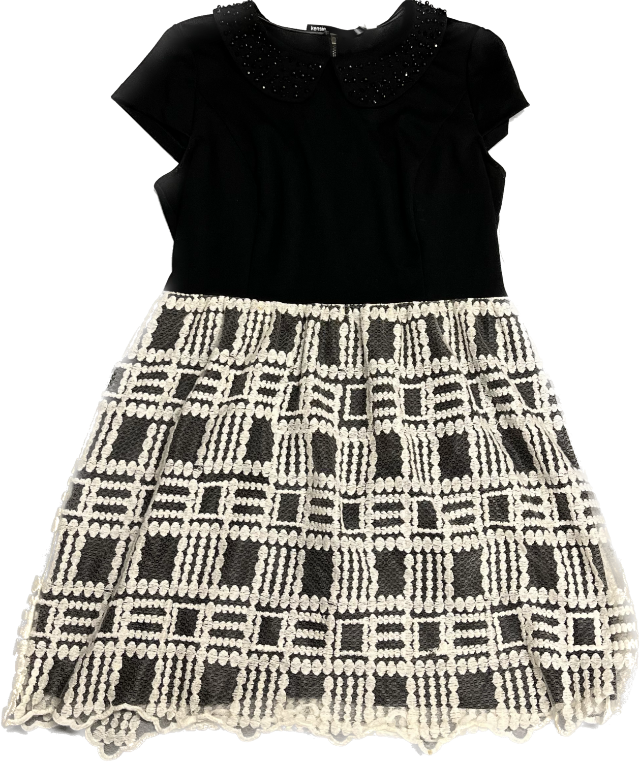 KENSIE BLACK AND WHITE LACE DRESS WITH BEADED COLLAR