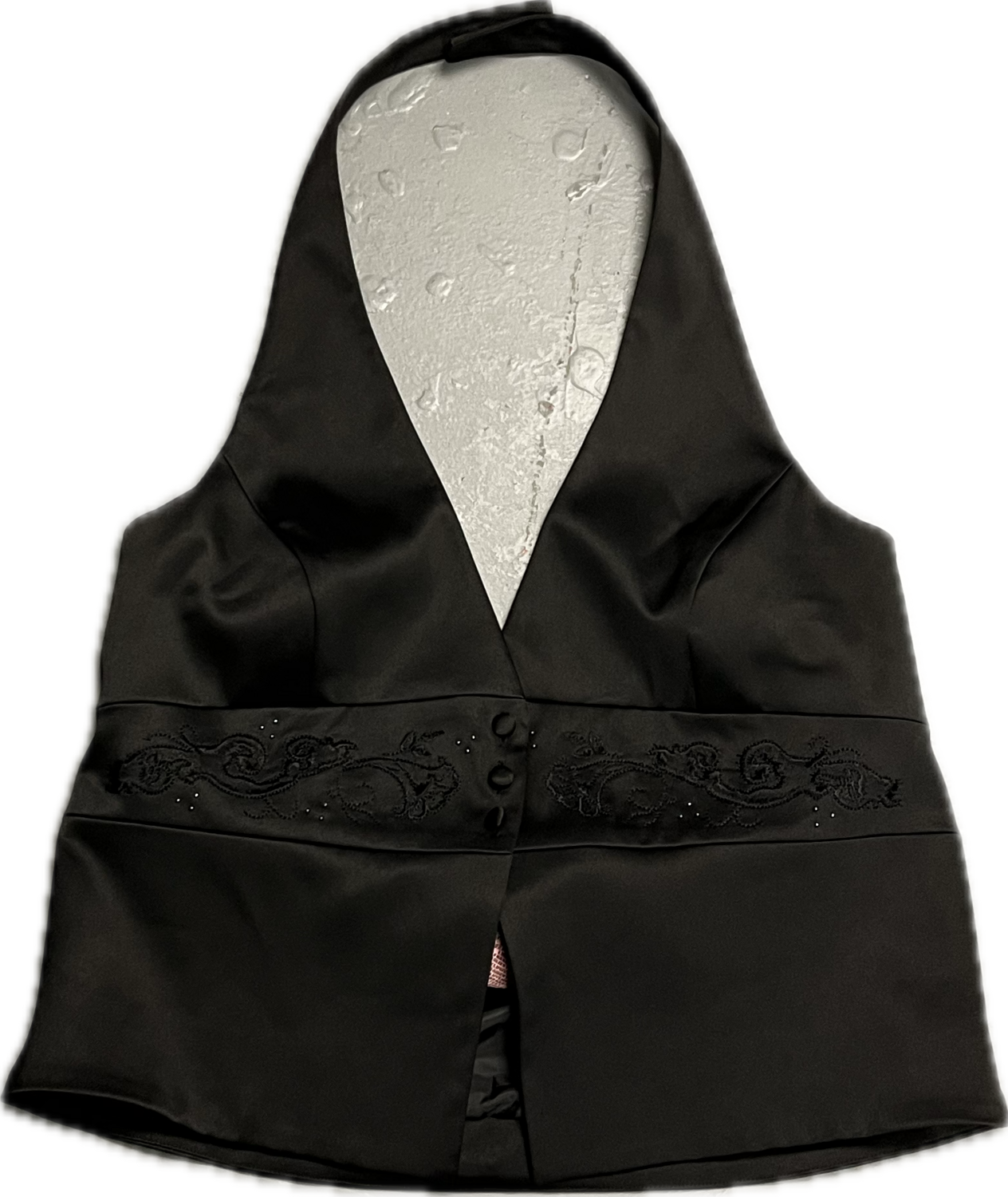 BANDOLINO BLACK BUTTON DOWN HALTER TOP WITH EMBROIDERED FLORAL ACCENTS