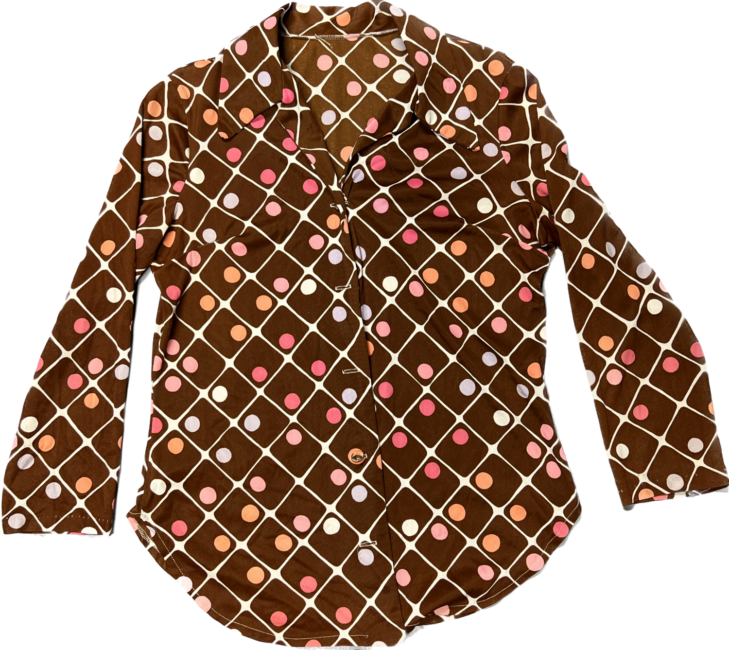 BROWN POLKA DOT POLYESTER BUTTON DOWN TOP